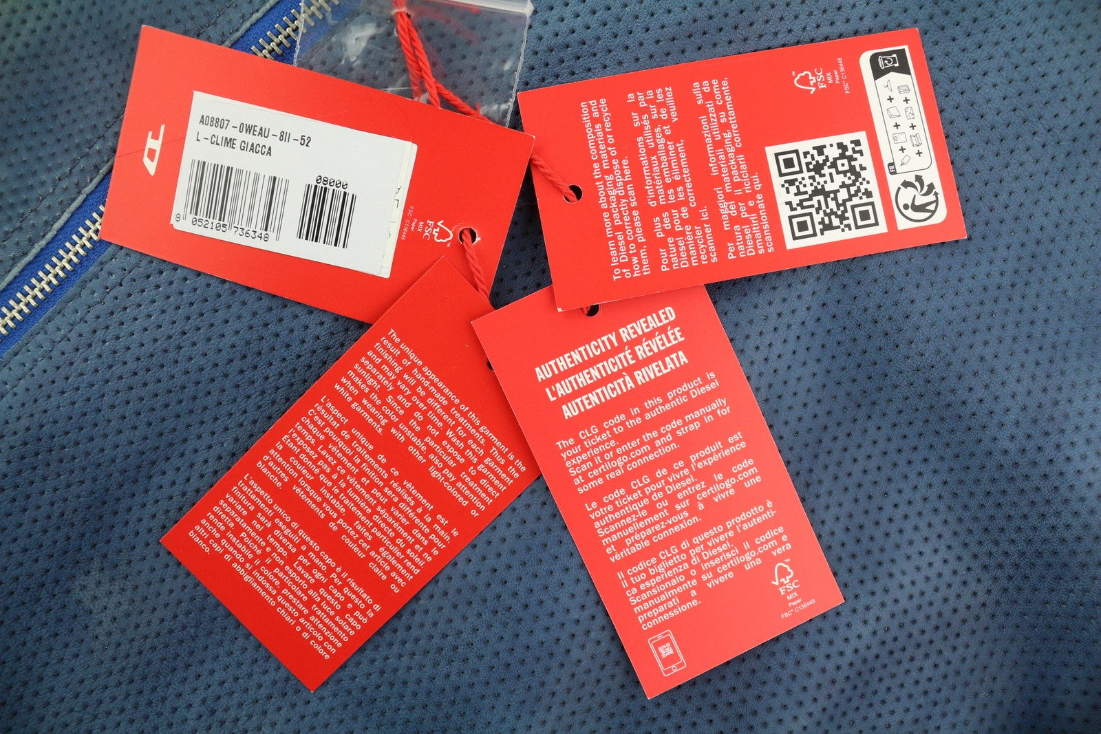 DIESEL L-Clime Men Jacket 52 Washed Blue Sheepskin Leather Zipper RRP€750