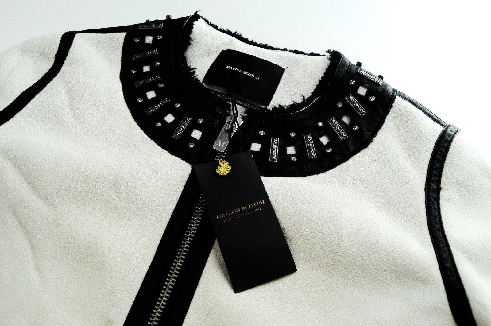 MAISON SCOTCH Women Jacket S Faux Leather Suede Off-White Short Studded Faux Fur