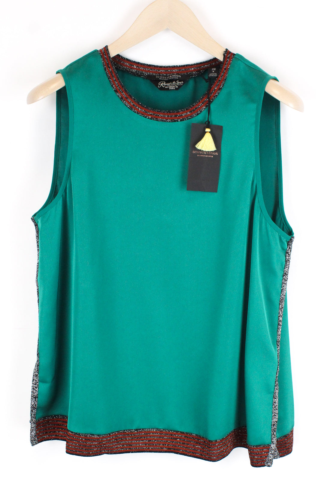 MAISON SCOTCH Women Top XL Blouse Parakeet Green Glitter Crew Neck Lurex Trimmed