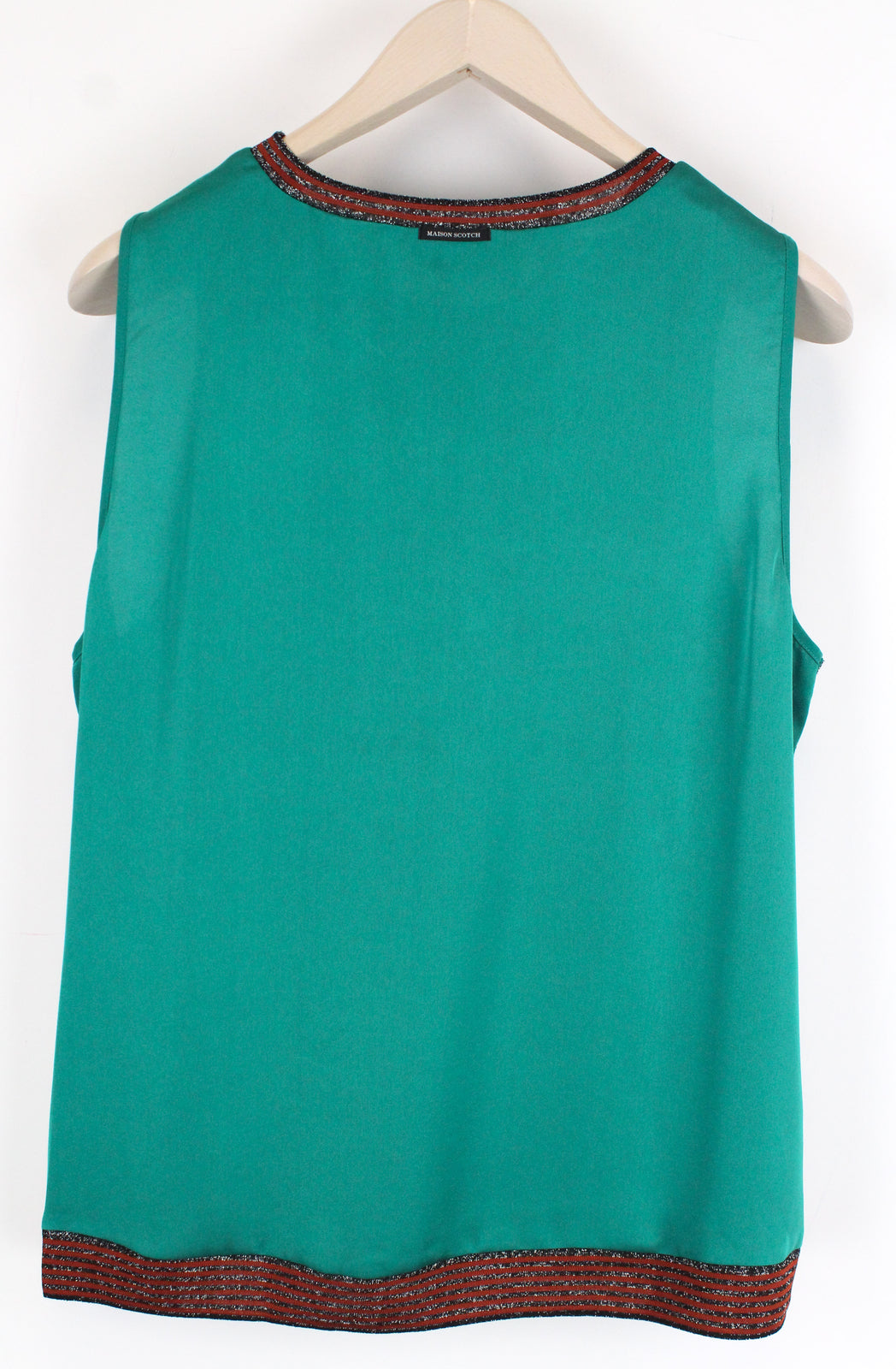 MAISON SCOTCH Women Top XL Blouse Parakeet Green Glitter Crew Neck Lurex Trimmed