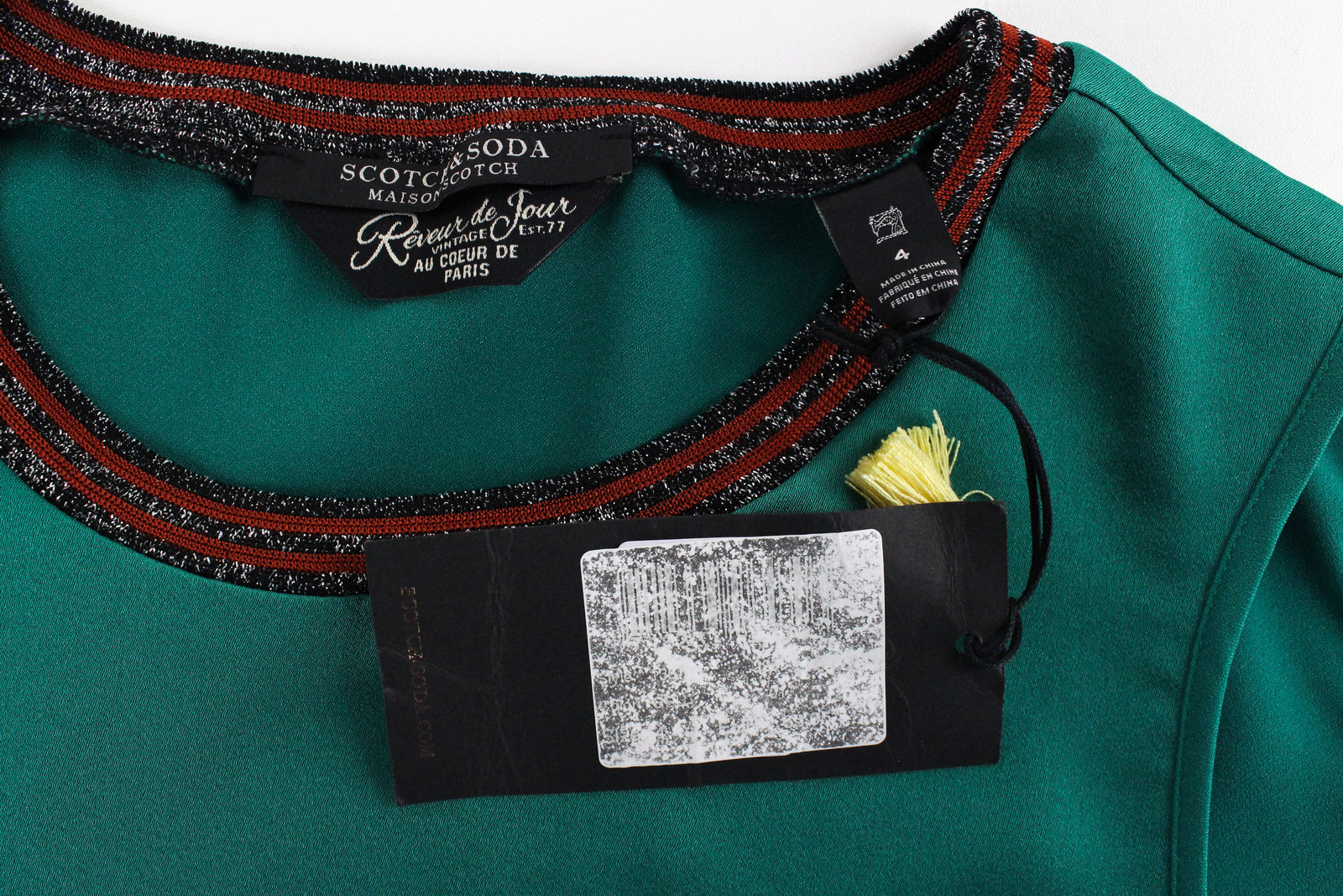 MAISON SCOTCH Women Top XL Blouse Parakeet Green Glitter Crew Neck Lurex Trimmed