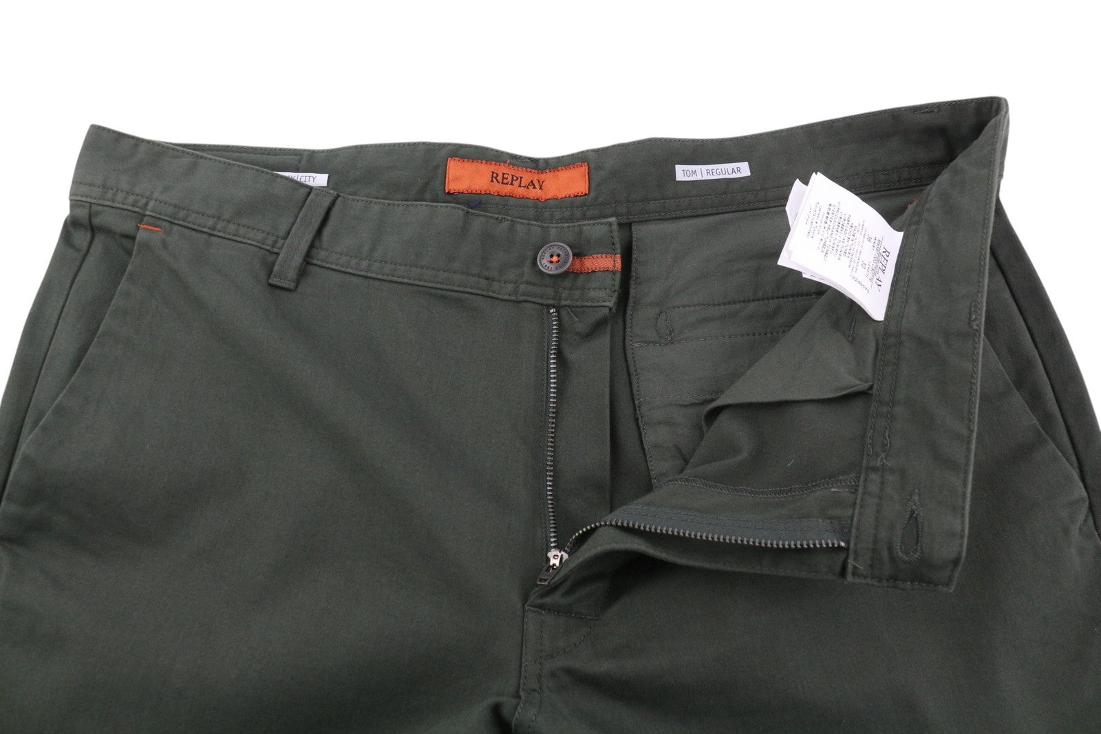 REPLAY Tom / Regular Men Trousers W36/L30 Khaki Green Chino Zip Fly 5-Pockets