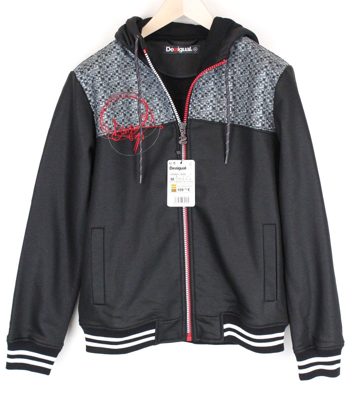 DESIGUAL Men's Jacket L Black Cotton Blend Hooded Zip Up Long Sleeve Casual