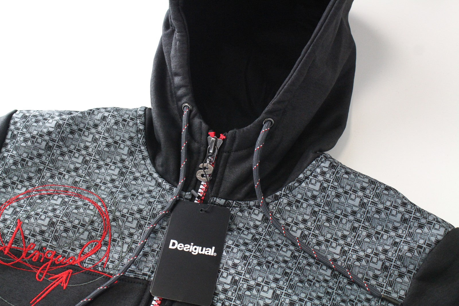 DESIGUAL Men's Jacket L Black Cotton Blend Hooded Zip Up Long Sleeve Casual