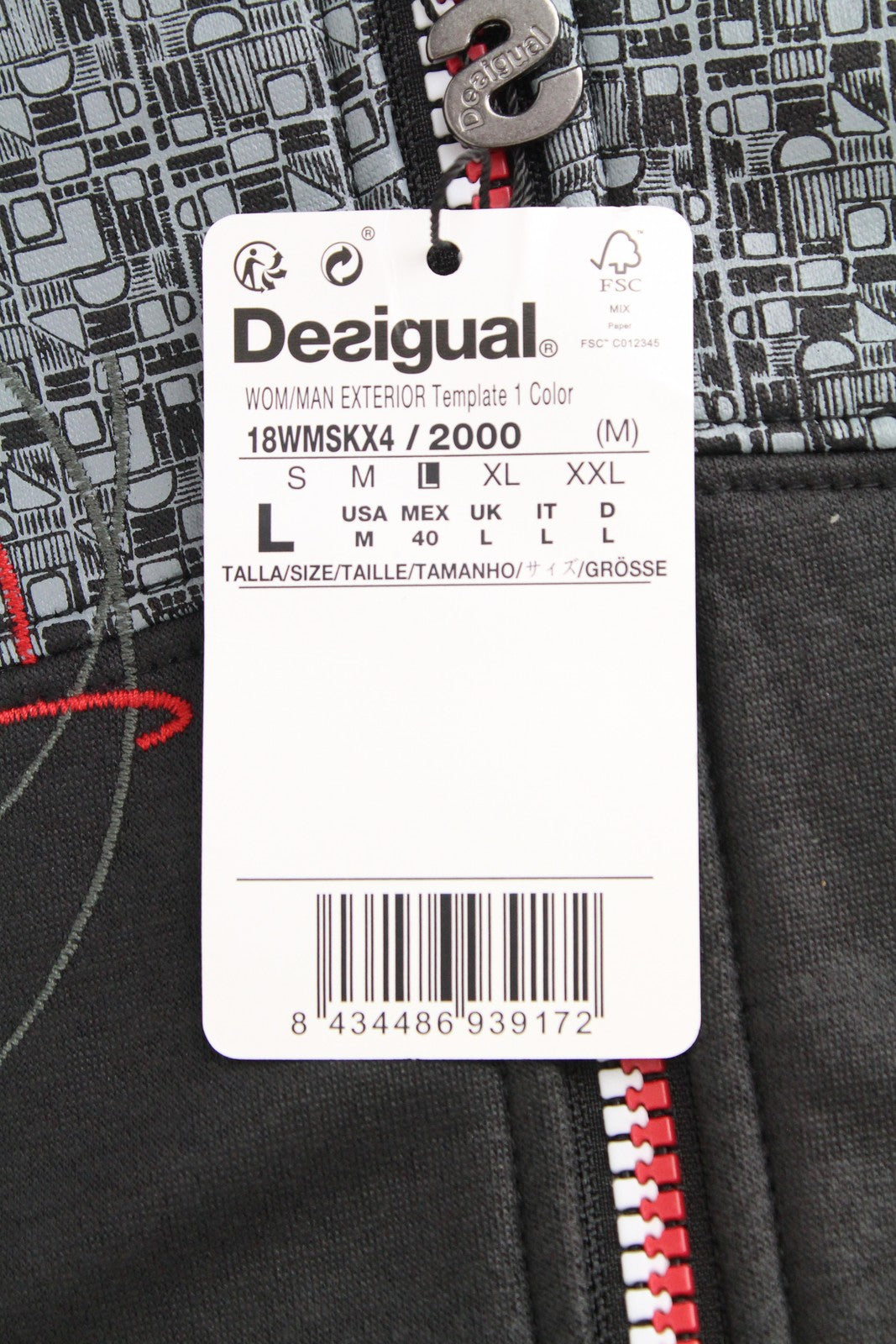 DESIGUAL Men's Jacket L Black Cotton Blend Hooded Zip Up Long Sleeve Casual