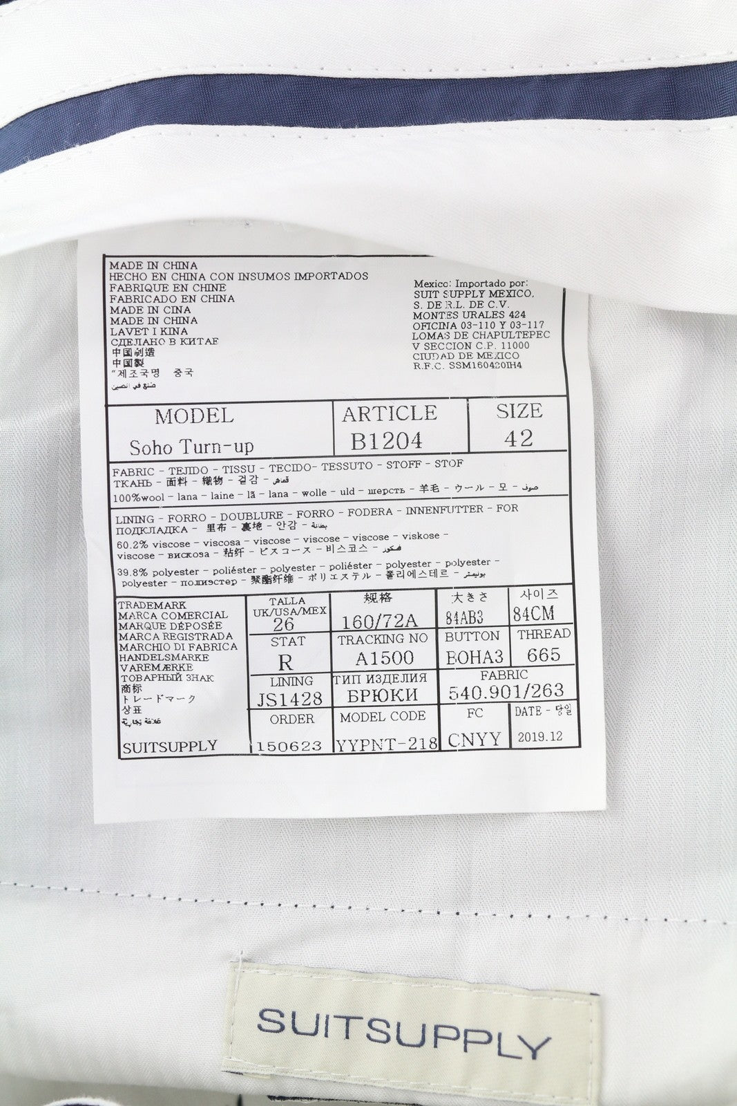 SUITSUPPLY Soho Turn-Up Men Trousers UK26 Dark Blue Pure Wool S120 Tapered Fit