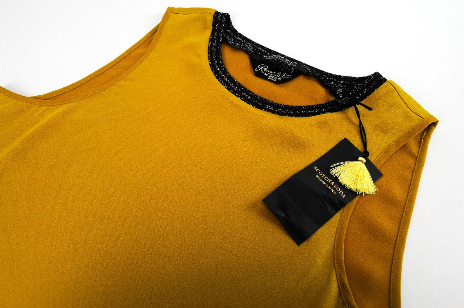 MAISON SCOTCH Women M Mustard Sleeveless Top Side Vented Glitter Detail