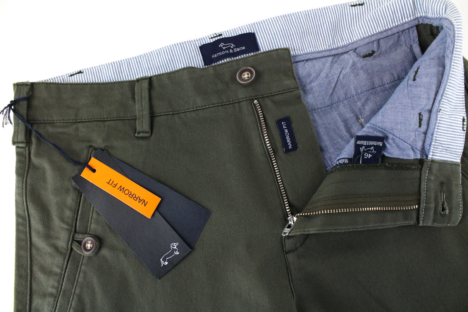 HARMONT & BLAINE Men Trousers IT46 Khaki Green Chino Turn-Up Narrow Fitted*