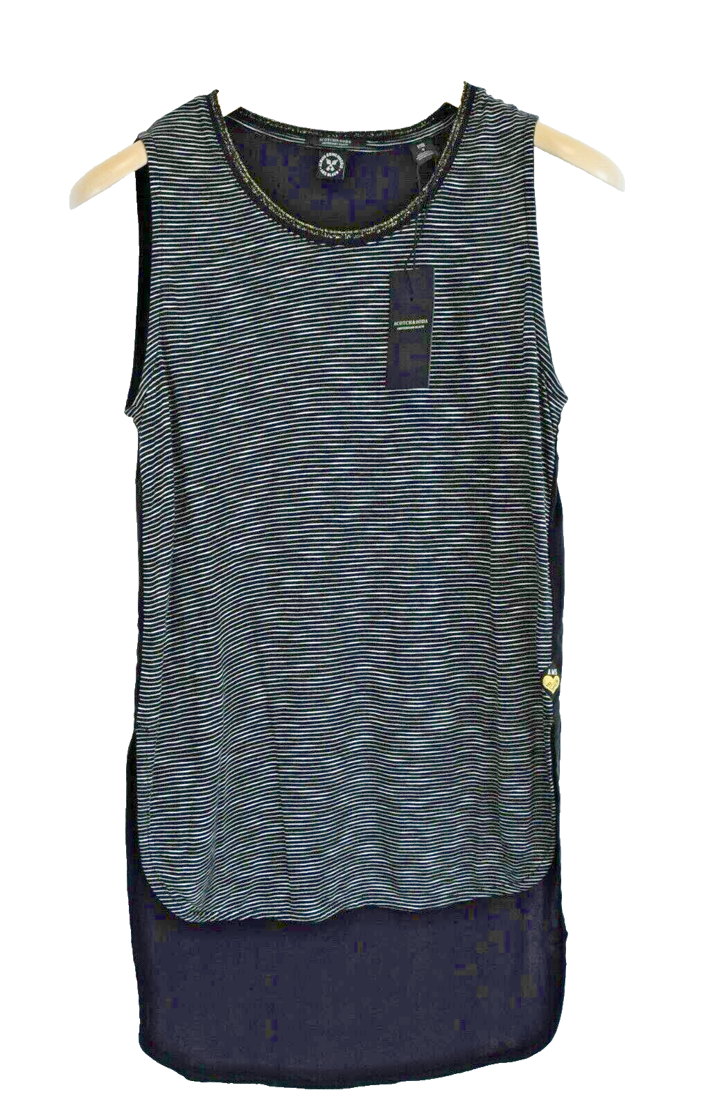 MAISON SCOTCH Women S Black Sleeveless Striped Longer Back Contrast Top