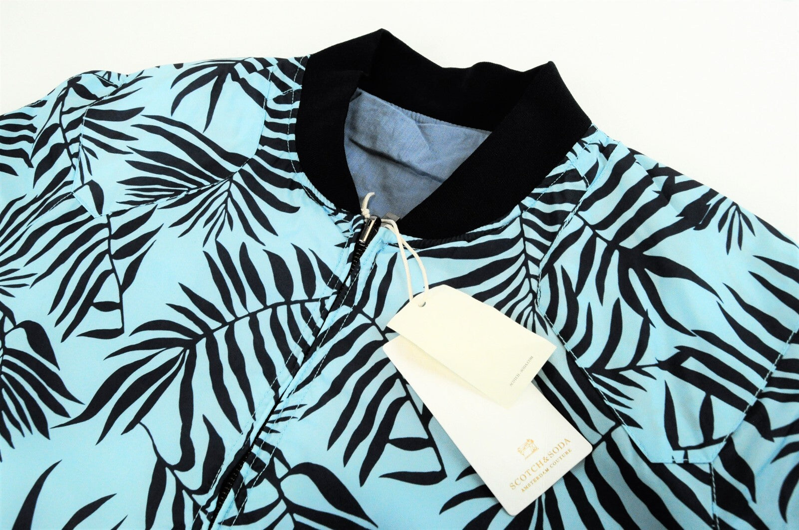 SCOTCH & SODA Men XL Reversible Blue Turquoise Linen Palm Bomber Jacket