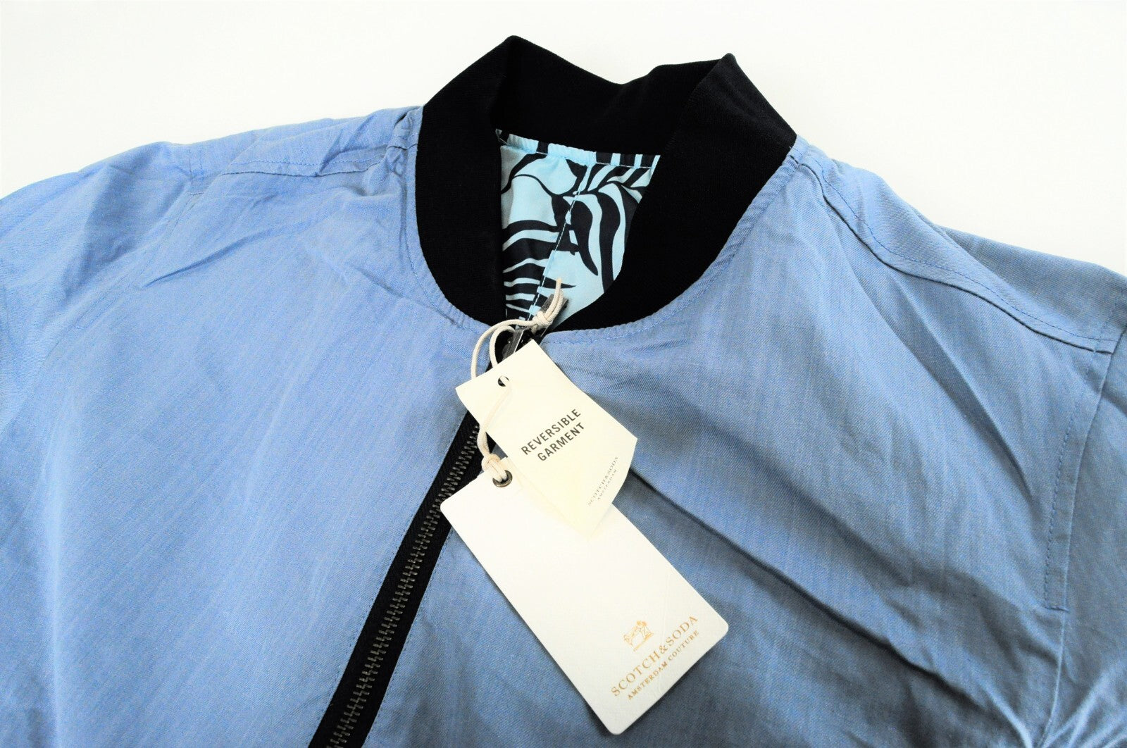 SCOTCH & SODA Men XL Reversible Blue Turquoise Linen Palm Bomber Jacket