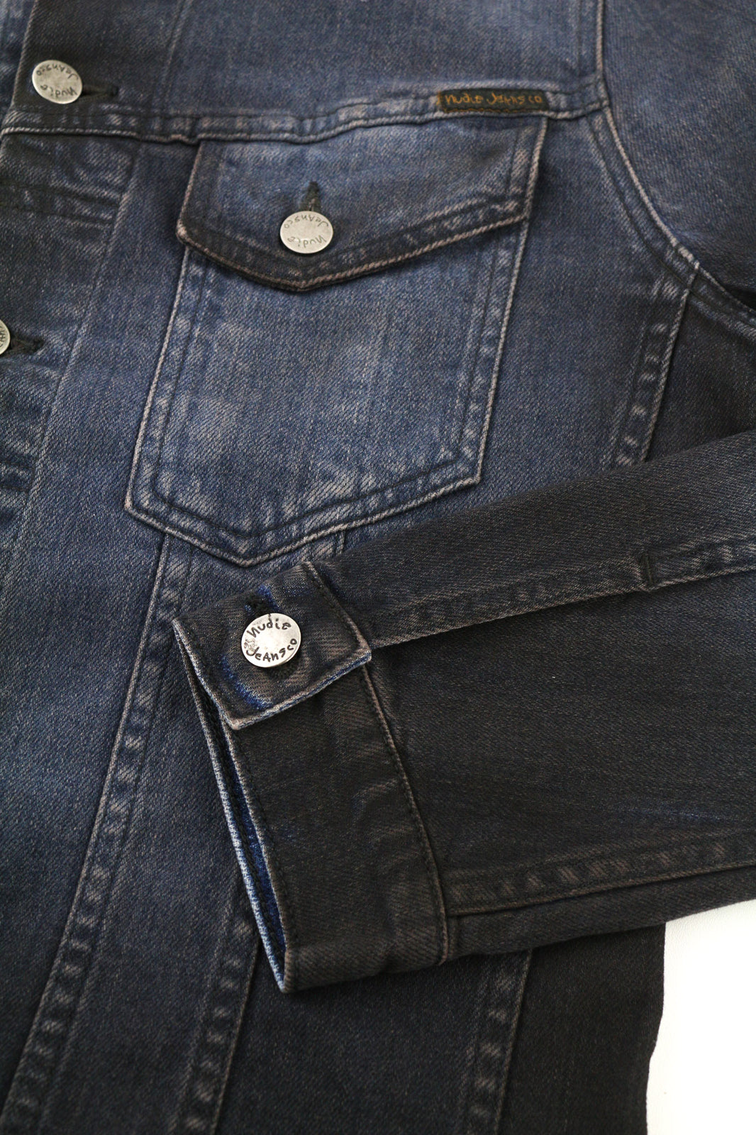 NUDIE JEANS Perry Men Jacket S Denim Organic Black On Blue Buttoned Spread Neck