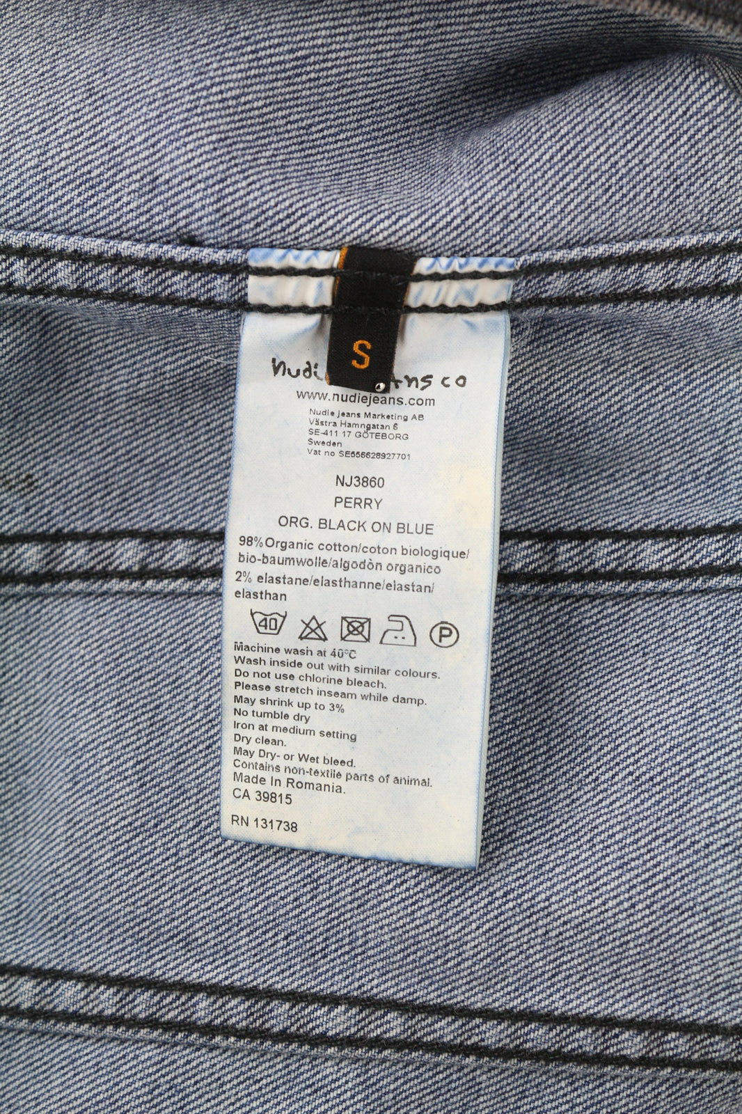 NUDIE JEANS Perry Men Jacket S Denim Organic Black On Blue Buttoned Spread Neck