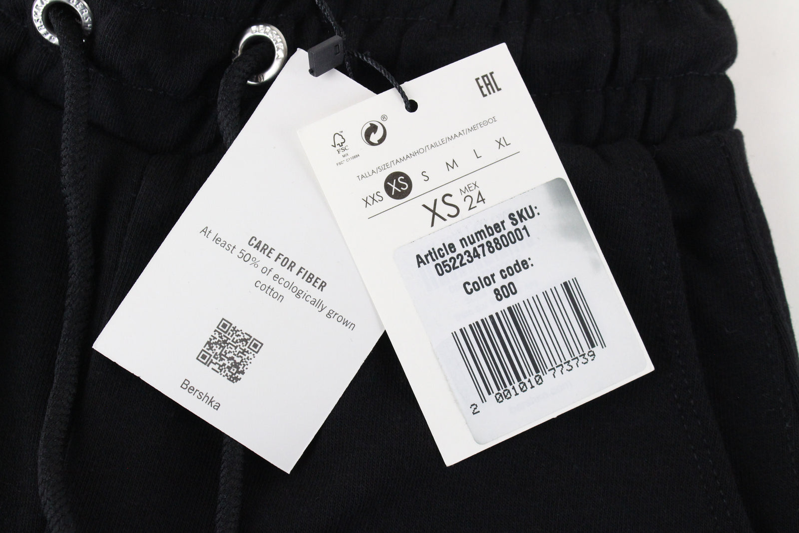 BERSHKA Women Sport Trousers XS Black Drawstrings Cotton Blend Pull On Joggers