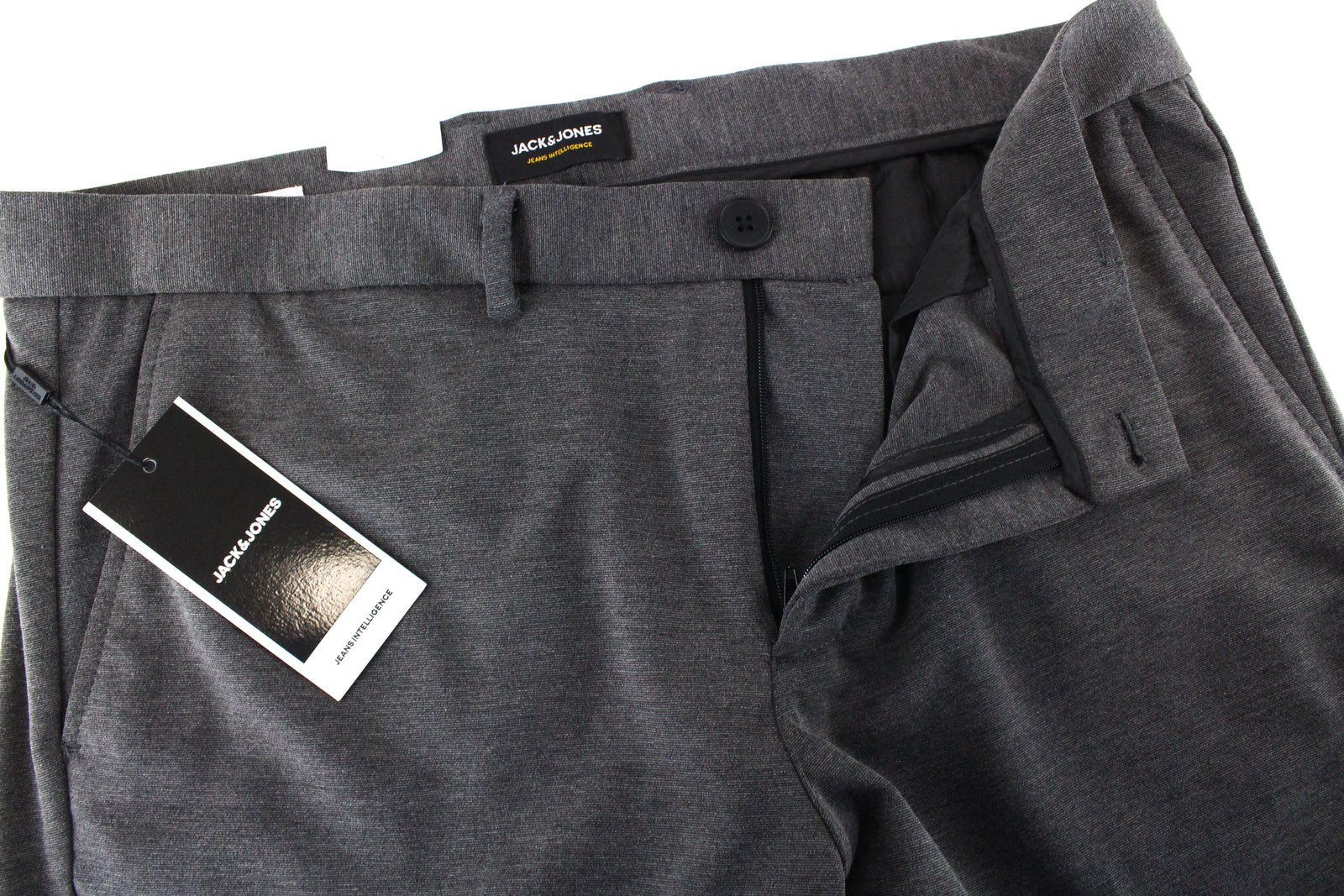 JACK & JONES Men Trousers W36/L32 Grey Stretch Pleated Jersey Slit Pockets_