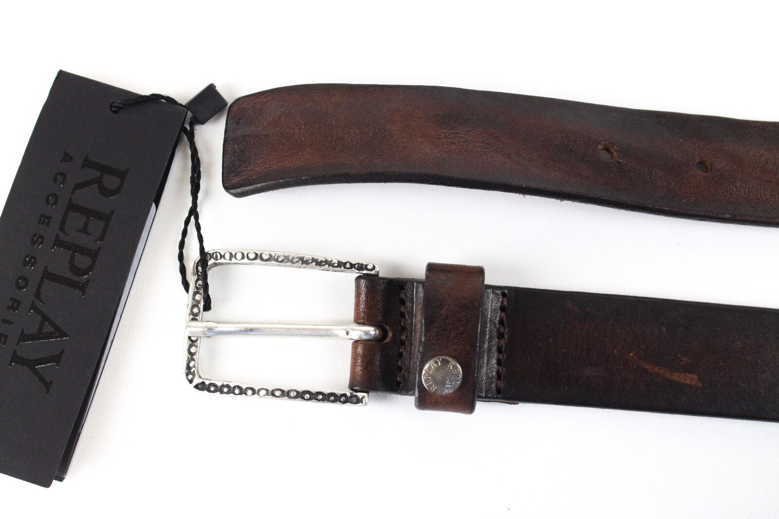 REPLAY Men Belt 100 cm Brown Plain Genuine Leather Buckled Cowhide