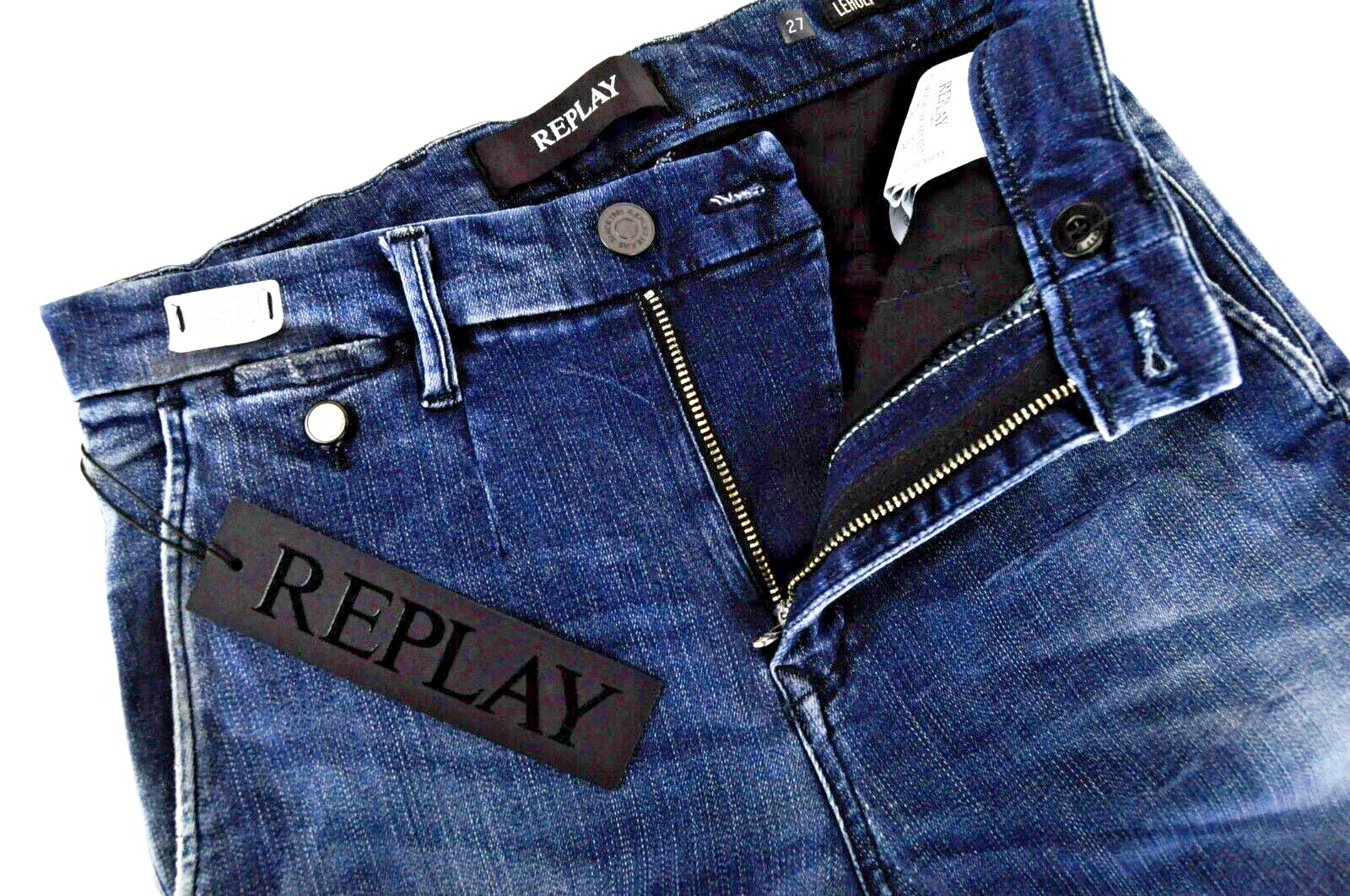 REPLAY vyriški džinsai W27/L32 Slim Fit skalbtos medvilnės chino tamprės, mėlyni Lehoen 