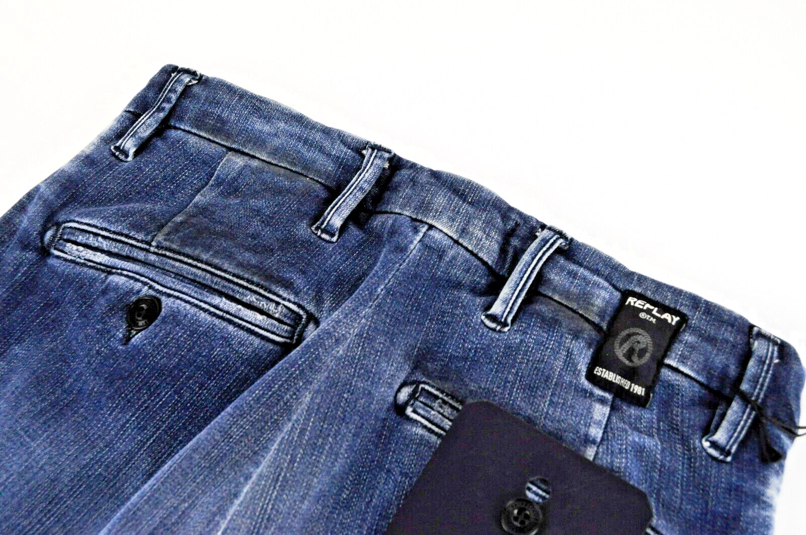 REPLAY vyriški džinsai W27/L32 Slim Fit skalbtos medvilnės chino tamprės, mėlyni Lehoen 