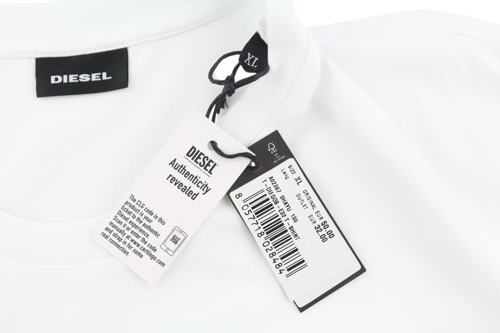 DIESEL T-Diegos-E32 Men T-Shirt XL White Short Sleeve Crew Neck Cotton Tricot