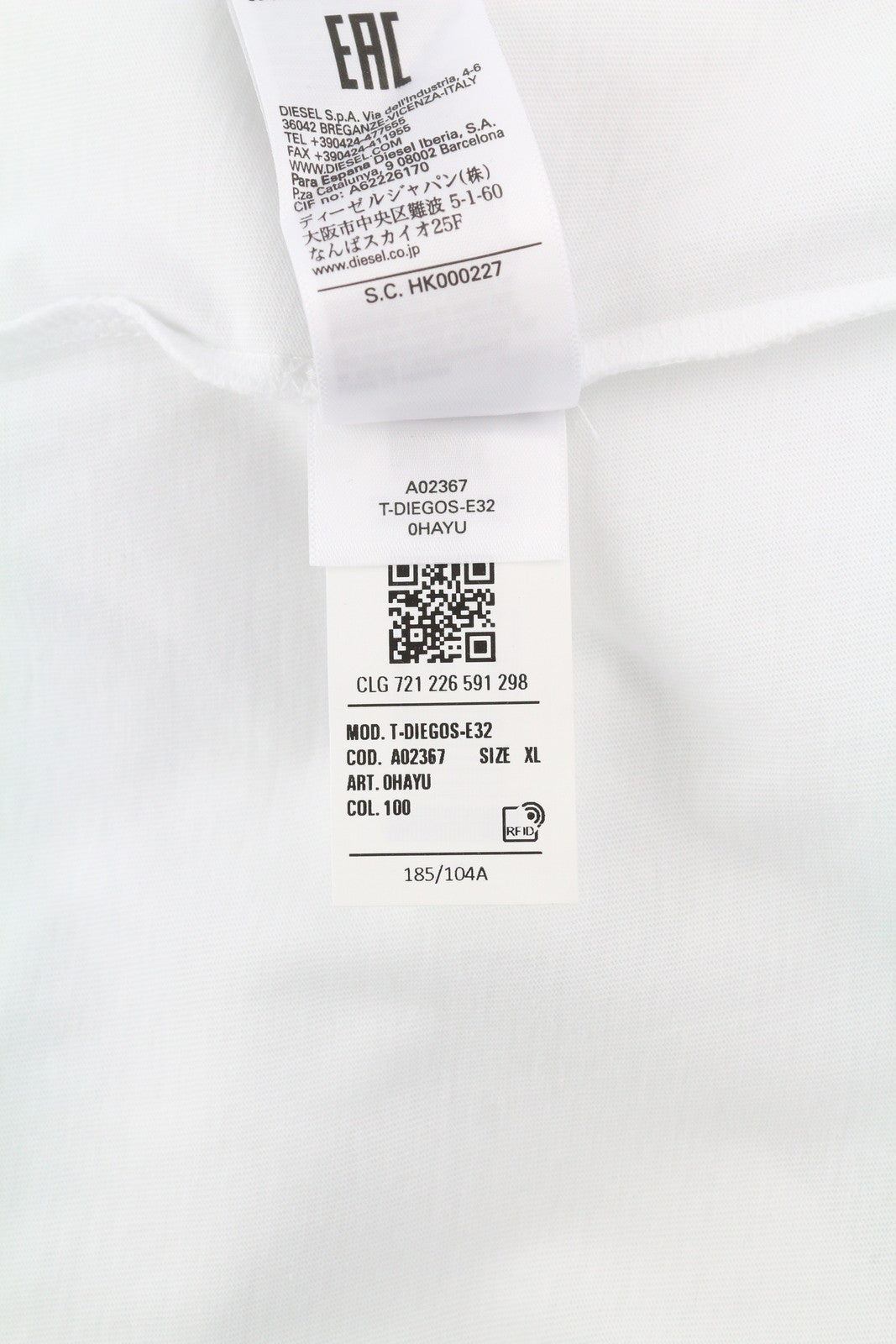 DIESEL T-Diegos-E32 Men T-Shirt XL White Short Sleeve Crew Neck Cotton Tricot