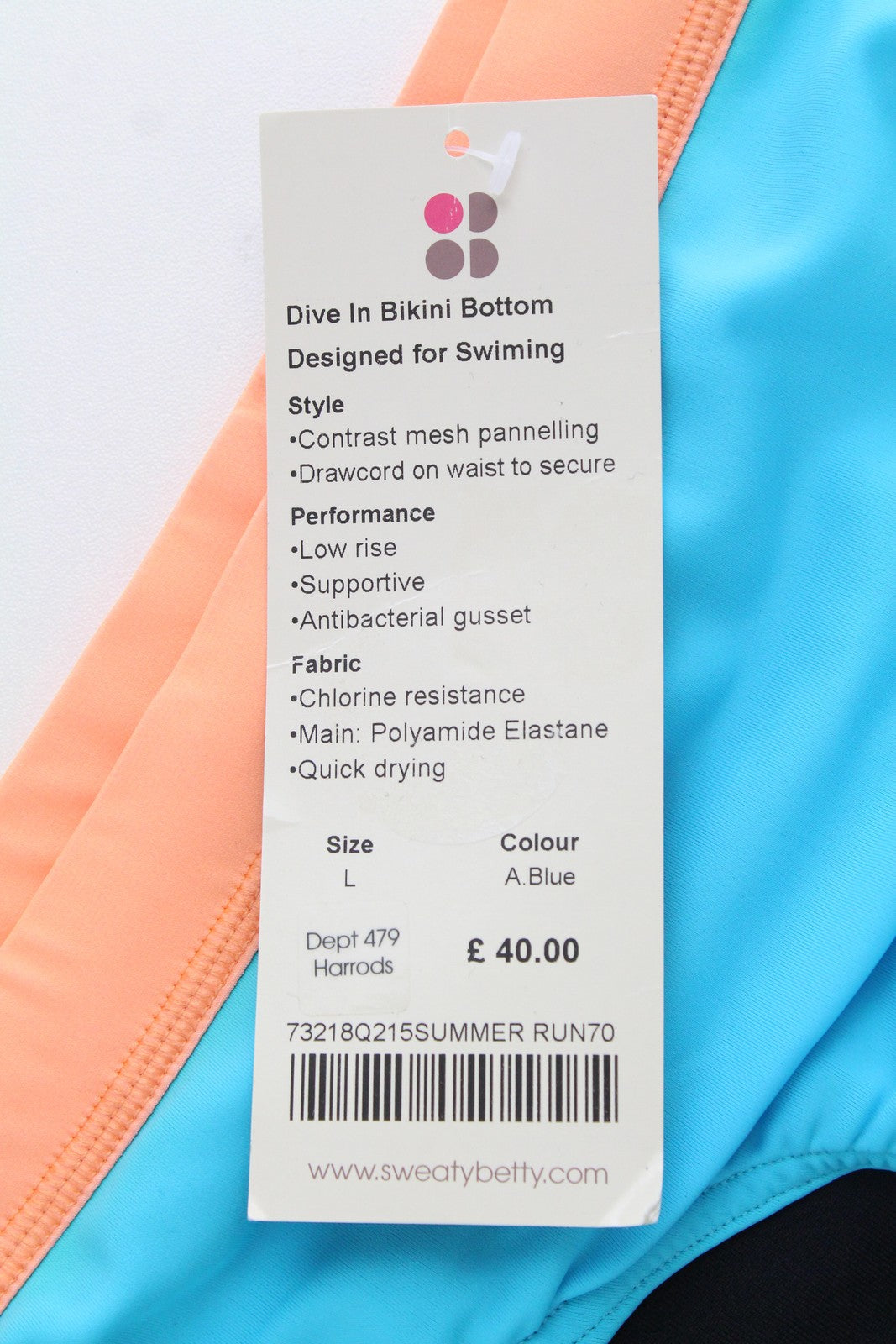 SWEATY BETTY Dive In Bikini Bottom L Blue Low Rise Women's Pool Beachwear