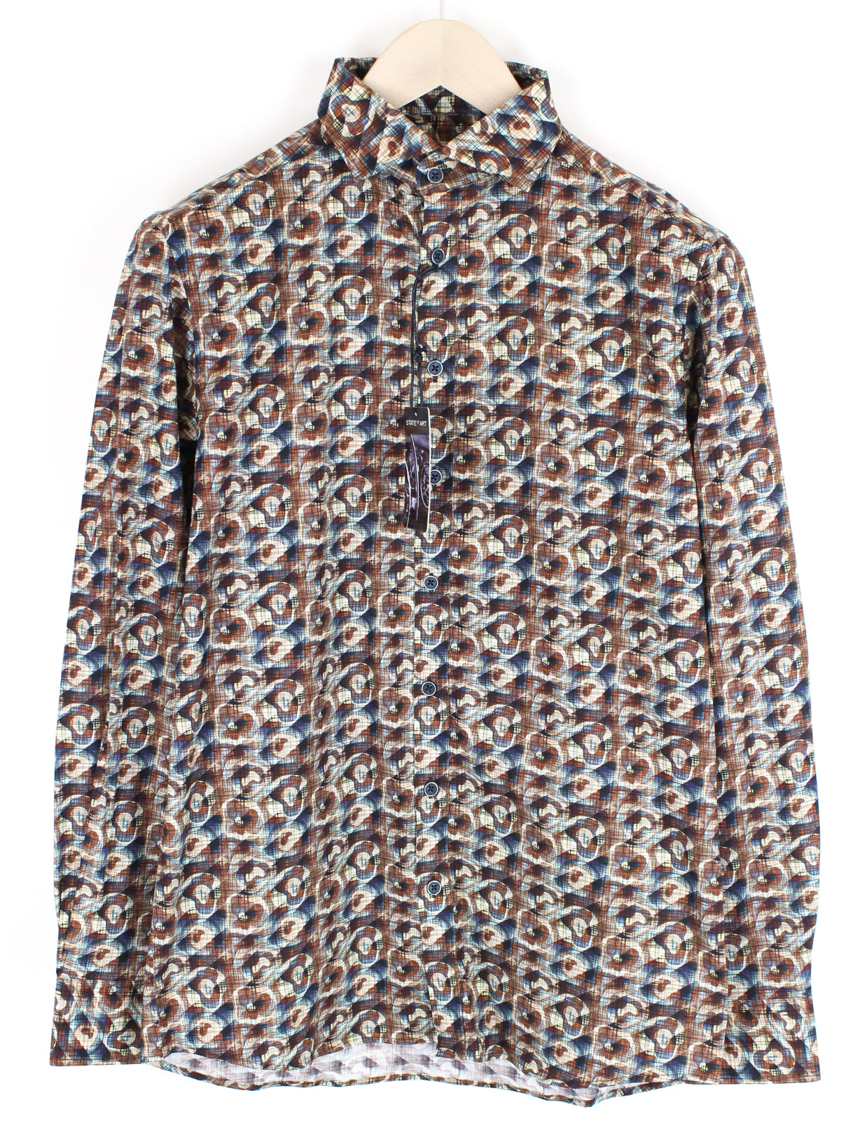 STATE OF ART Men Shirt S Brown Blue Cotton Stretch Long Sleeved Collar Patterned