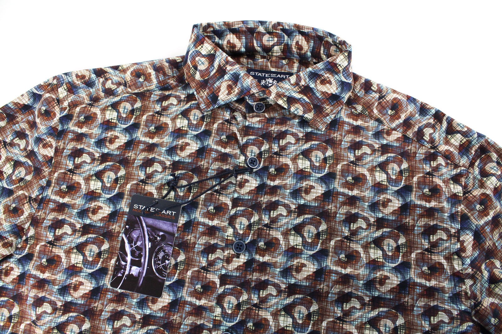 STATE OF ART Men Shirt S Brown Blue Cotton Stretch Long Sleeved Collar Pattern*