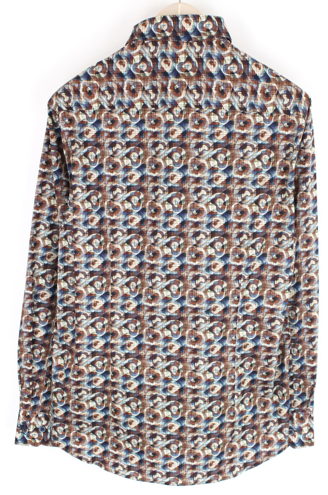 STATE OF ART Men Shirt S Brown Blue Cotton Stretch Long Sleeved Collar Pattern*