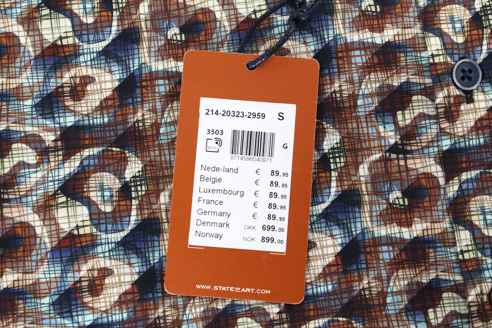 STATE OF ART Men Shirt S Brown Blue Cotton Stretch Long Sleeved Collar Pattern*