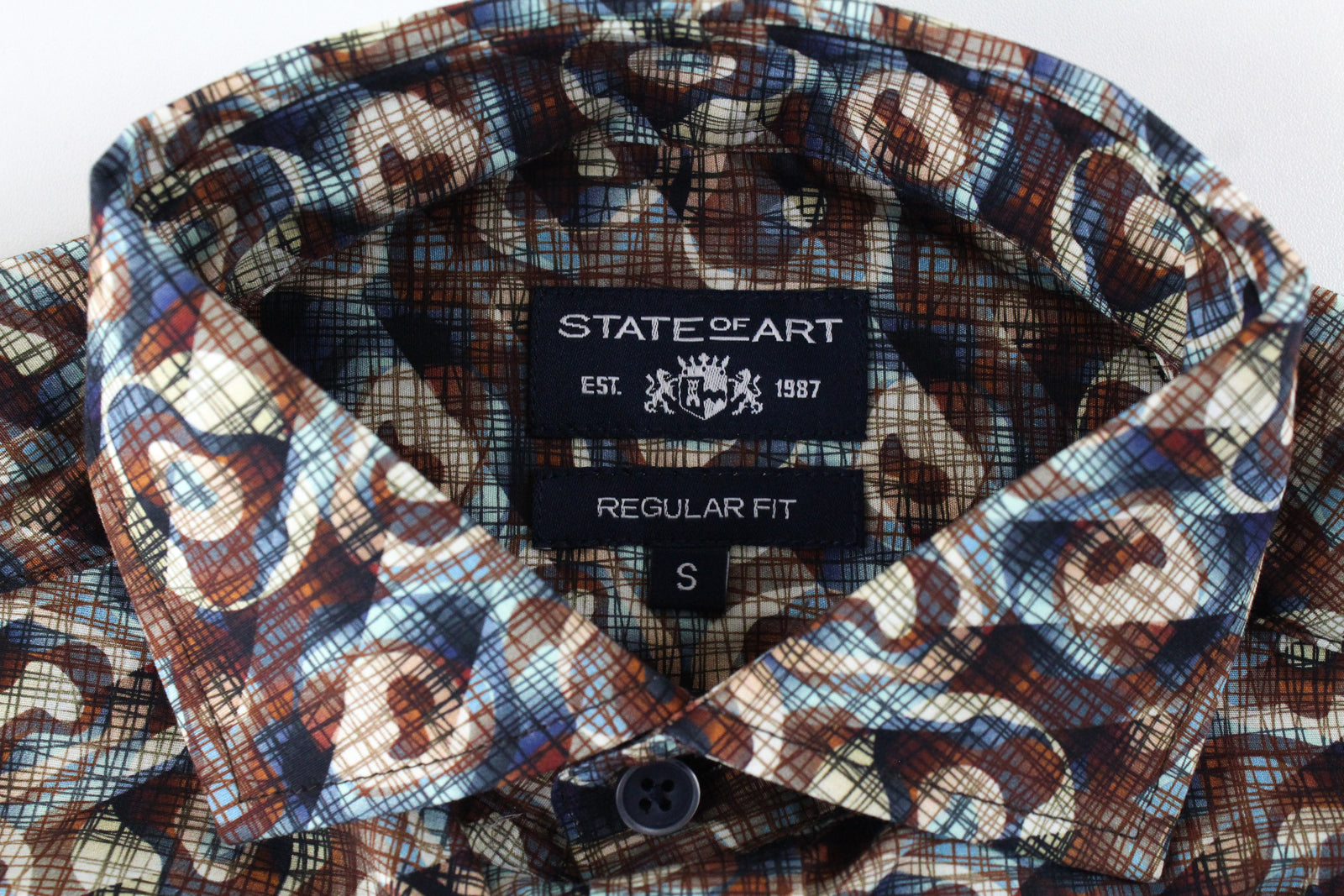 STATE OF ART Men Shirt S Brown Blue Cotton Stretch Long Sleeved Collar Pattern*