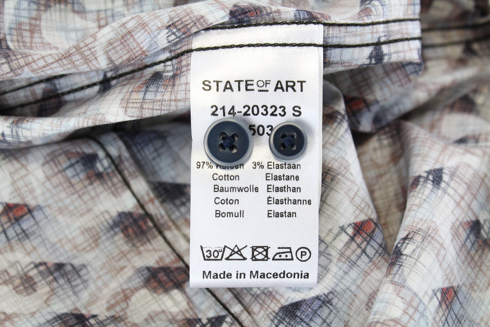 STATE OF ART Men Shirt S Brown Blue Cotton Stretch Long Sleeved Collar Pattern*