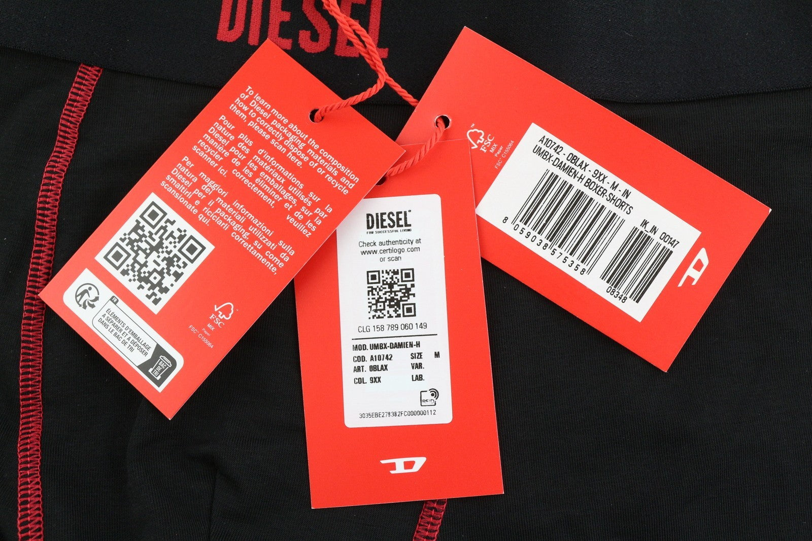 DIESEL Umbx-Damien-H Men Underwear M Trunks Boxers Elasticated Waistband Dark