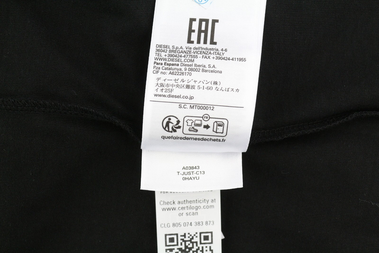 DIESEL T-Just-C13 Men T-Shirt M Black Short Sleeve Crew Collar Cotton Tricot