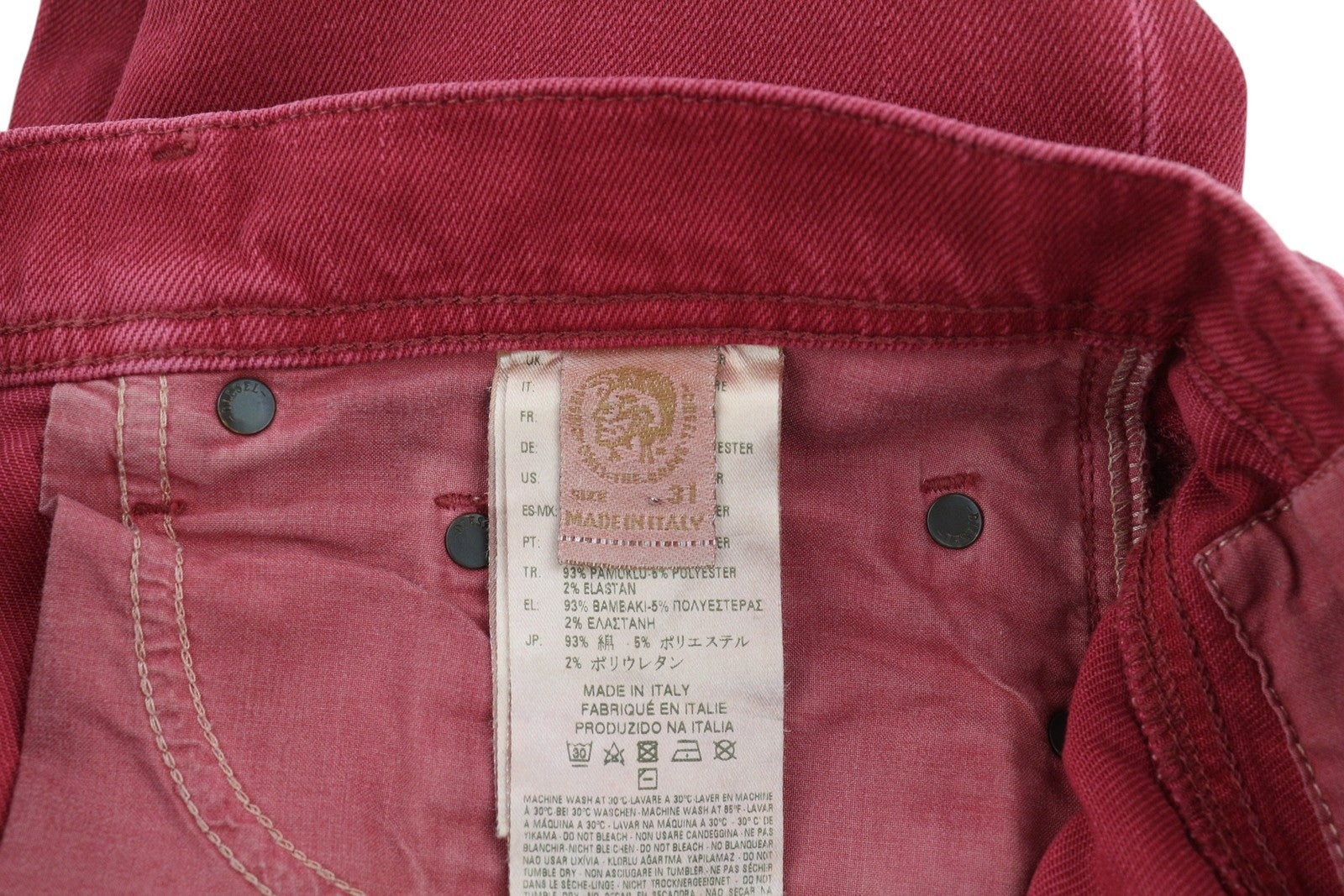 DIESEL Tepphar 0856Y Men Jeans W31 Denim Red Slim Carrot Fit Stretch Button