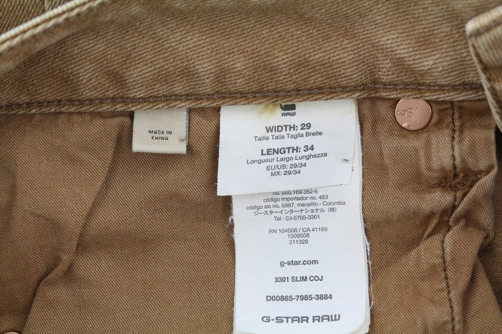 G-STAR 3301 Slim Coj Men Jeans W29/L34 Denim Brown Button Fly Logo 5-Pockets