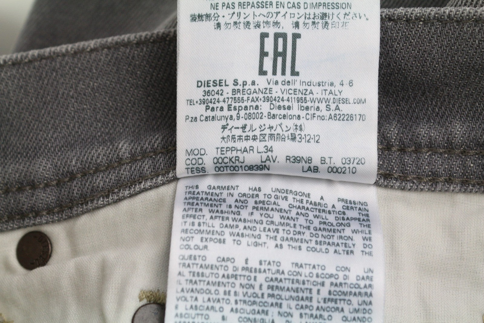 DIESEL Tepphar R39N8 Men Jeans W32/L34 Slim Carrot Fit Stretch Washed Grey Denim