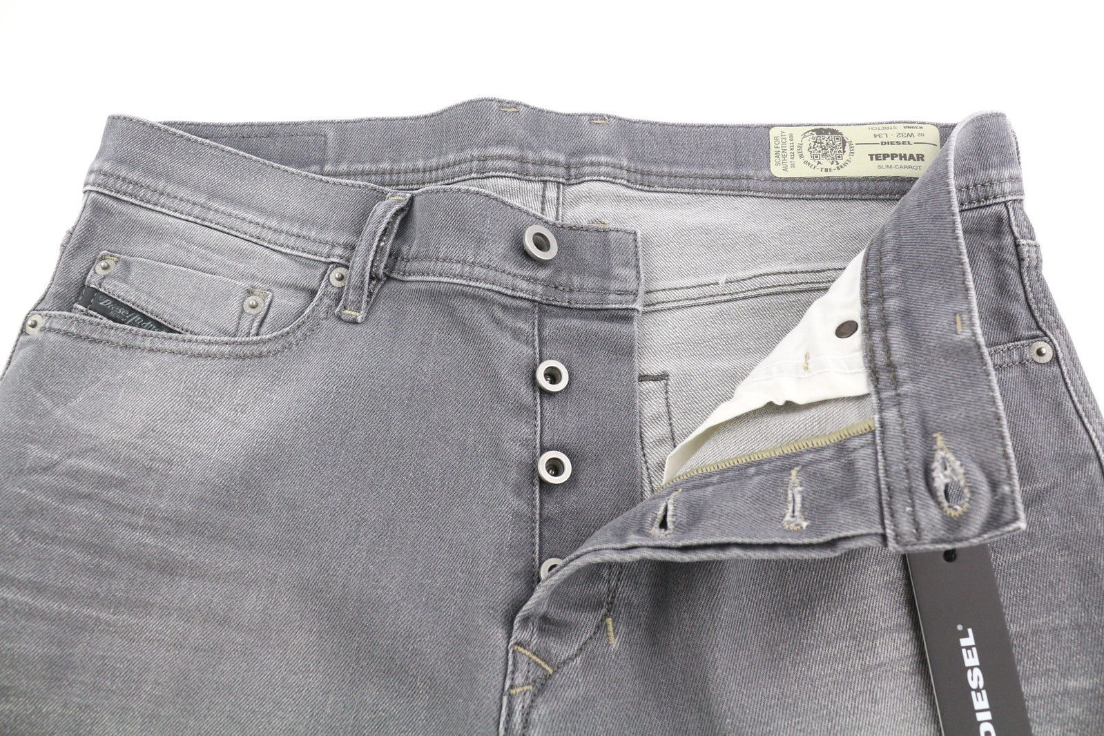 DIESEL Tepphar R39N8 Men Jeans W32/L34 Slim Carrot Fit Stretch Washed Grey Denim