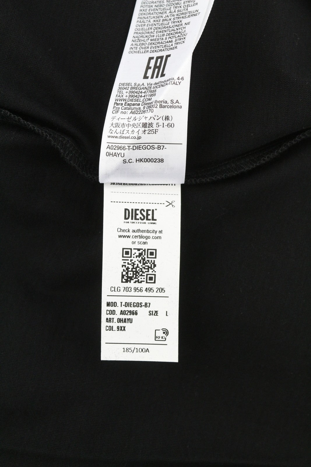 DIESEL T-Diegos-B7 Men T-Shirt L Black Short Sleeved Crew Collar  Tricot