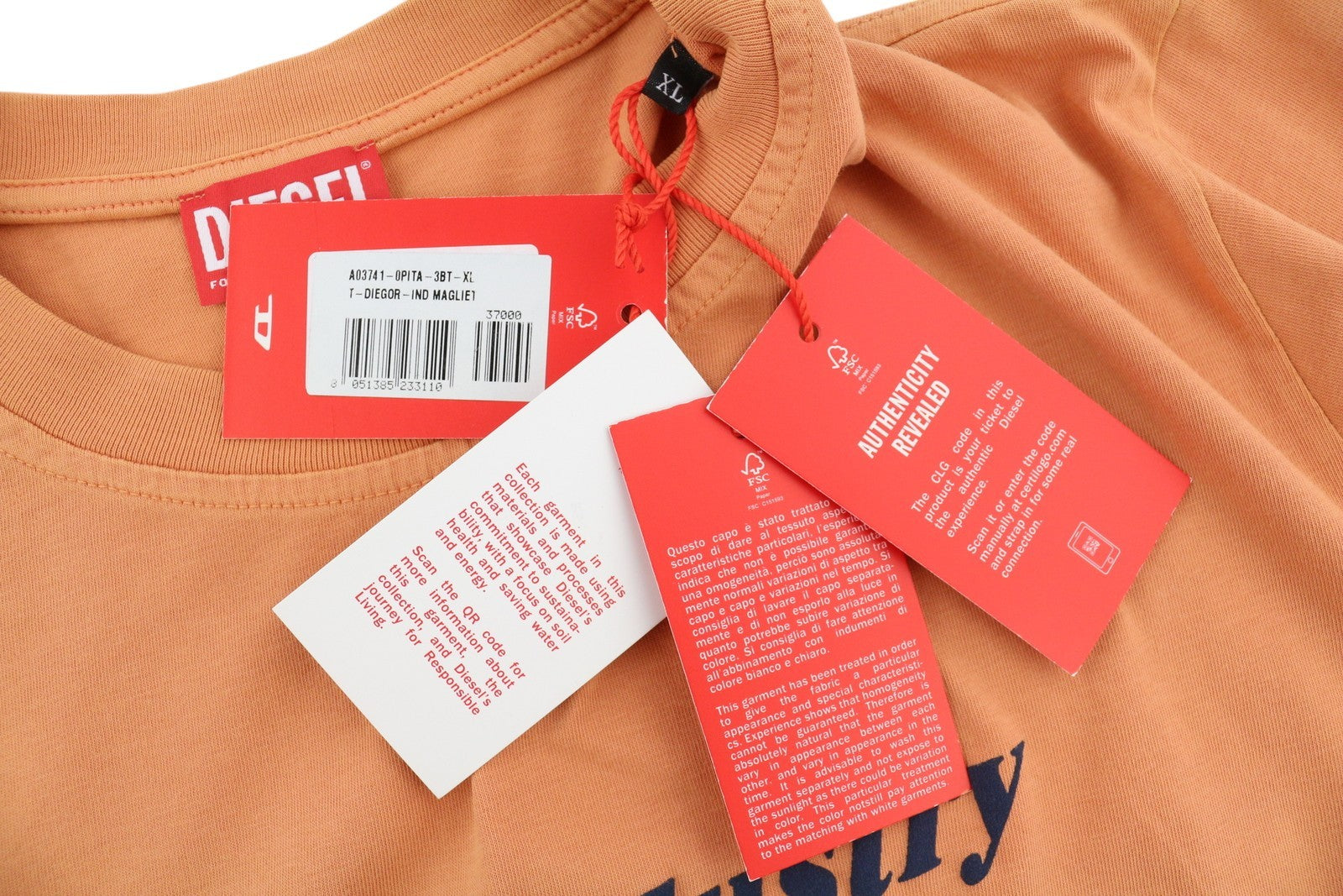 DIESEL T-Diegor-Ind Men T-Shirt XL Orange Short Sleeved Crew Collar Logo Tricot