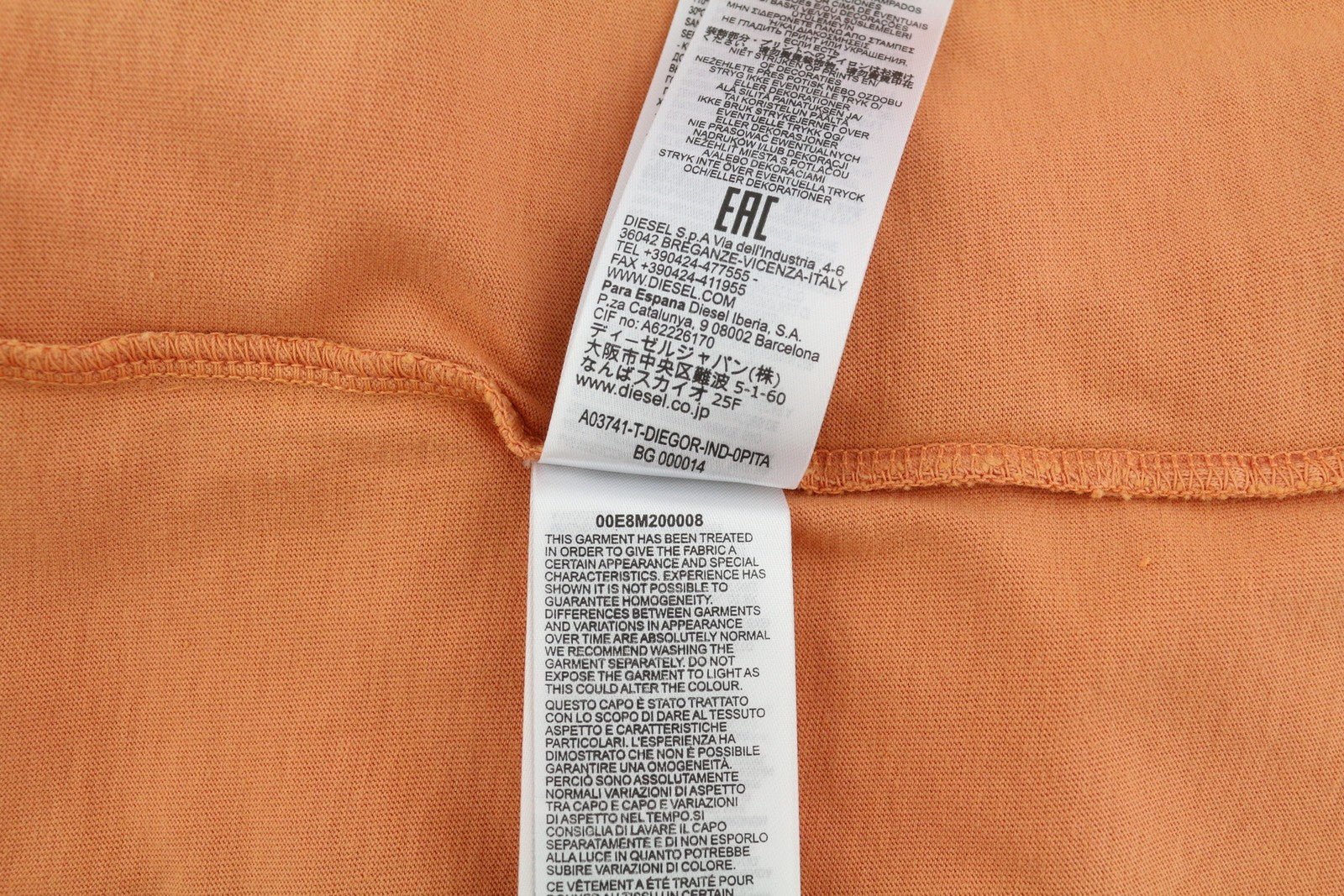 DIESEL T-Diegor-Ind Men T-Shirt XL Orange Short Sleeved Crew Collar Logo Tricot