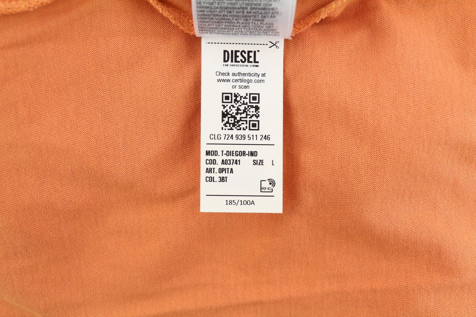 DIESEL T-Diegor-Ind Men T-Shirt L Orange Short Sleeved Crew Collar Logo Tricot