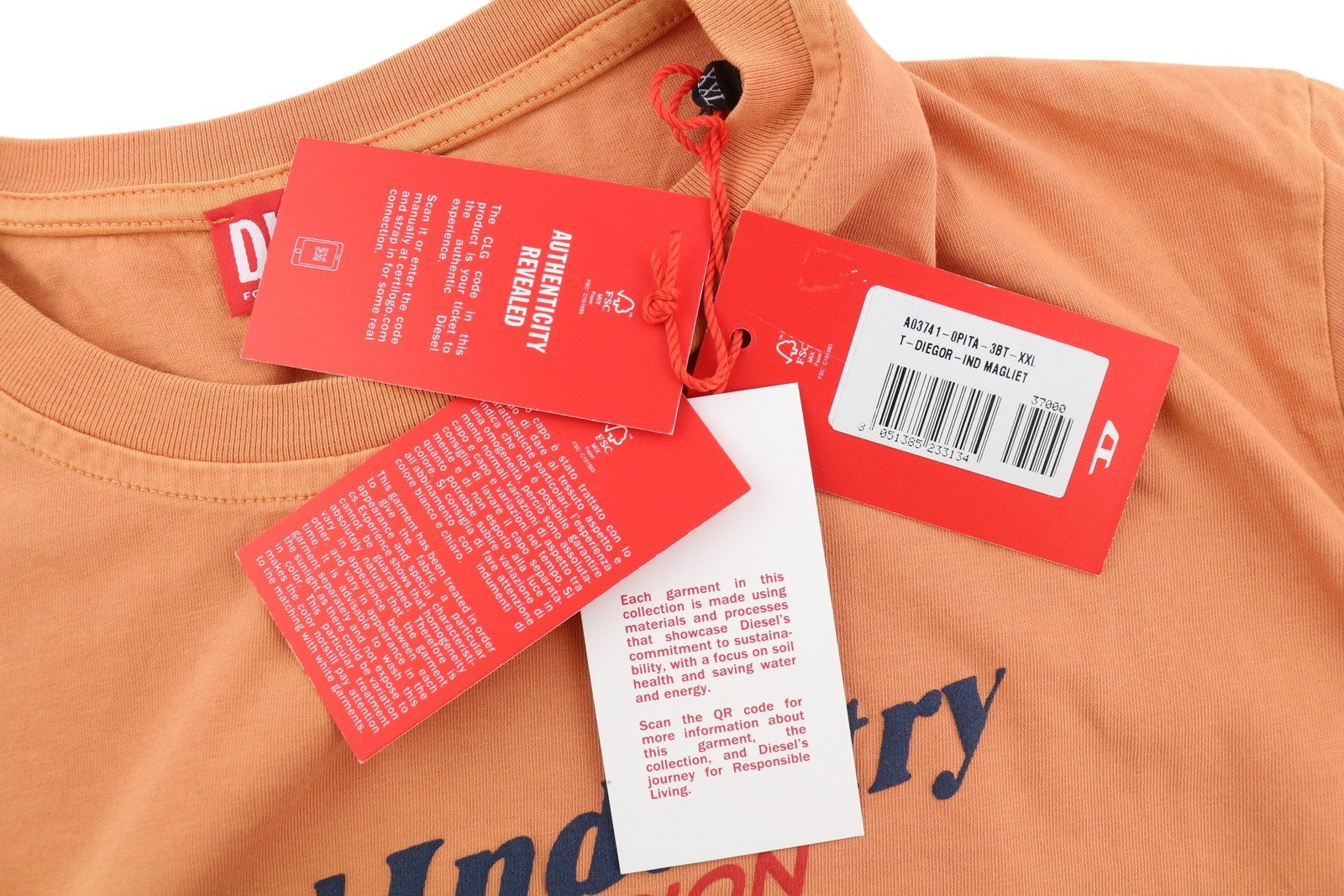 DIESEL T-Diegor-Ind Men T-Shirt 2XL Orange Short Sleeved Crew Collar Logo Tricot