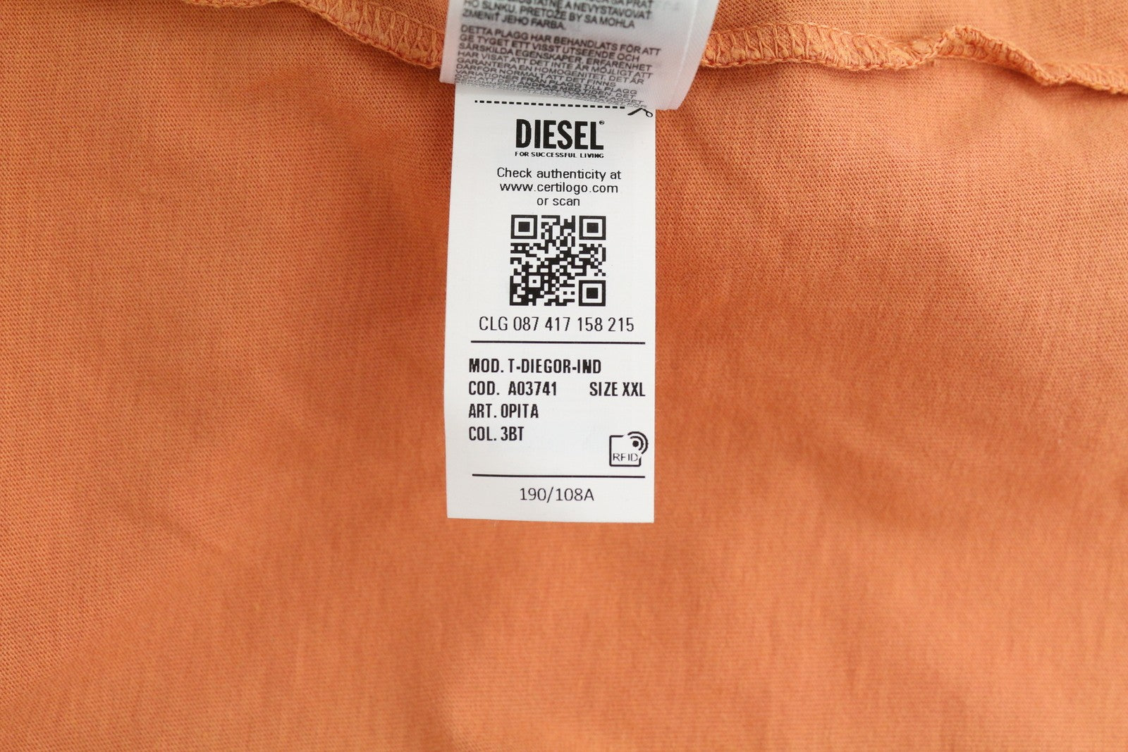 DIESEL T-Diegor-Ind Men T-Shirt 2XL Orange Short Sleeved Crew Collar Logo Tricot