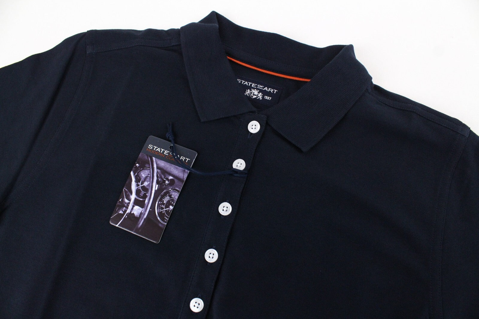 STATE OF ART Men T-Shirt S Navy Pure Cotton Short Sleeve Cutaway Collar Polo
