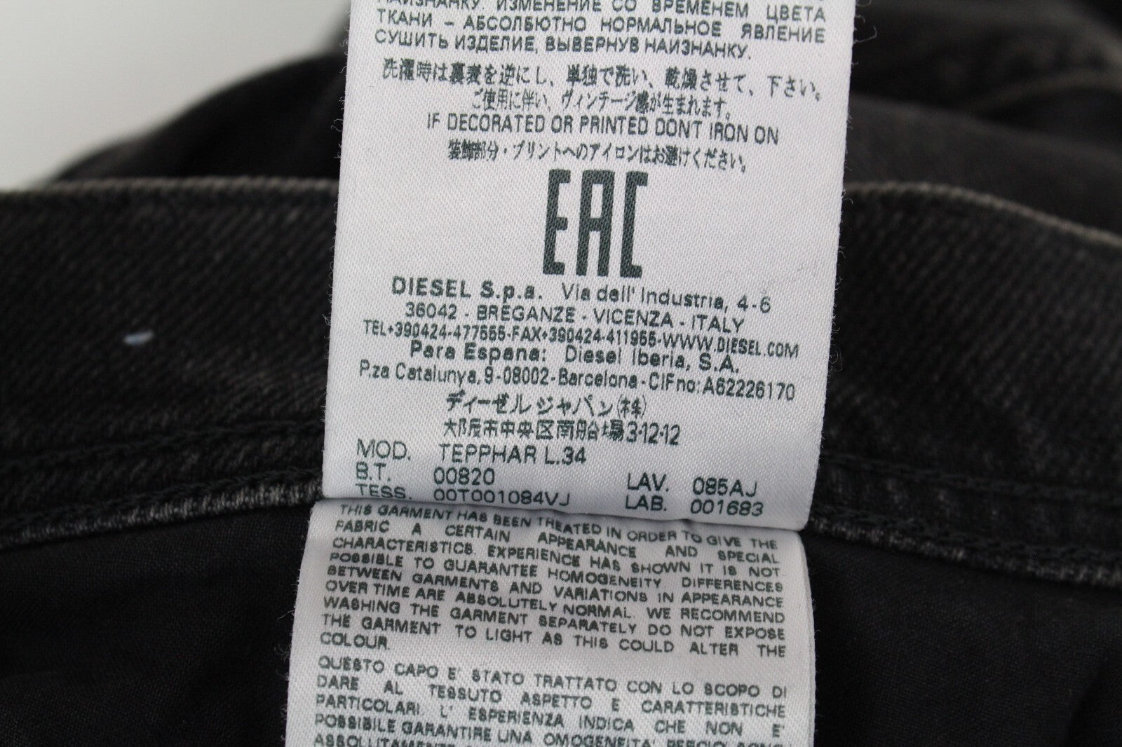 DIESEL Tepphar 085AJ vyriški džinsai W32/L34 Slim Skinny pilki tamprūs medvilniniai plėšyti džinsai 