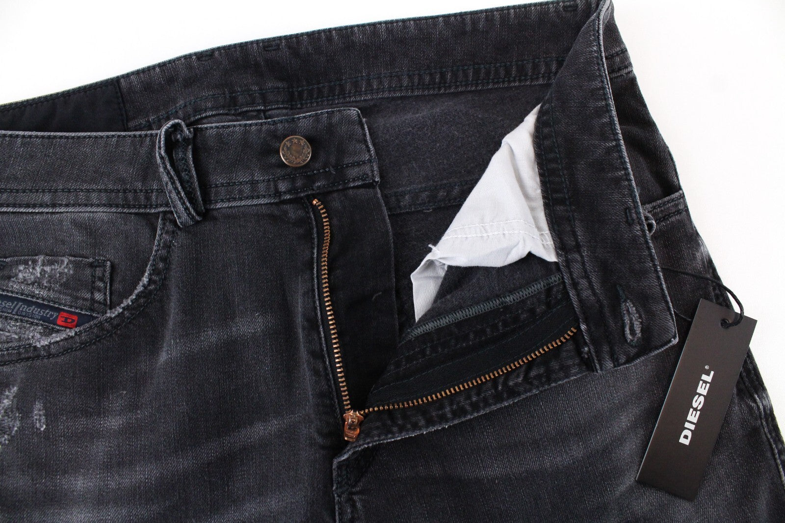 DIESEL Thommer 069BH vyriški džinsai W28/L32 Slim Fit medvilniniai tamprūs džinsai pilki su plėšytais siūlais 