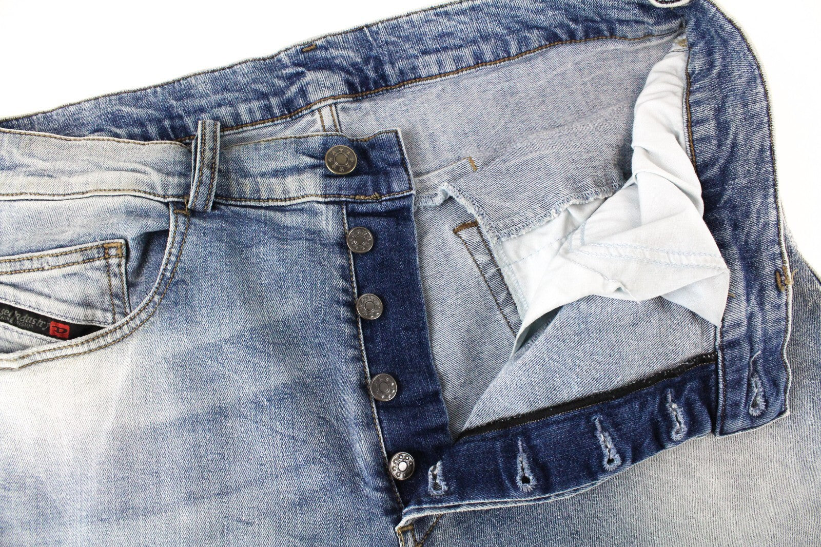 DIESEL D-Eetar 087AV vyriški džinsai W32/L32 morkų rašto, siaurėjantys, tamprūs, mėlyni, plėšyti 