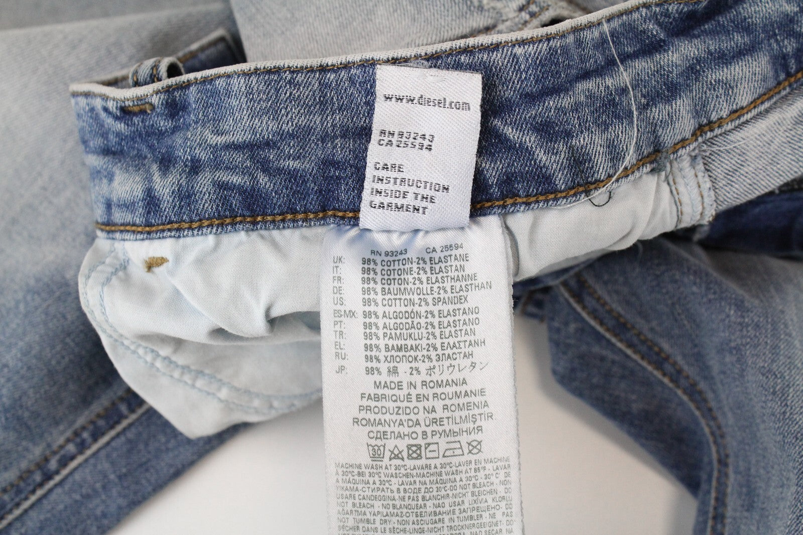 DIESEL D-Eetar 087AV vyriški džinsai W32/L32 morkų rašto, siaurėjantys, tamprūs, mėlyni, plėšyti 