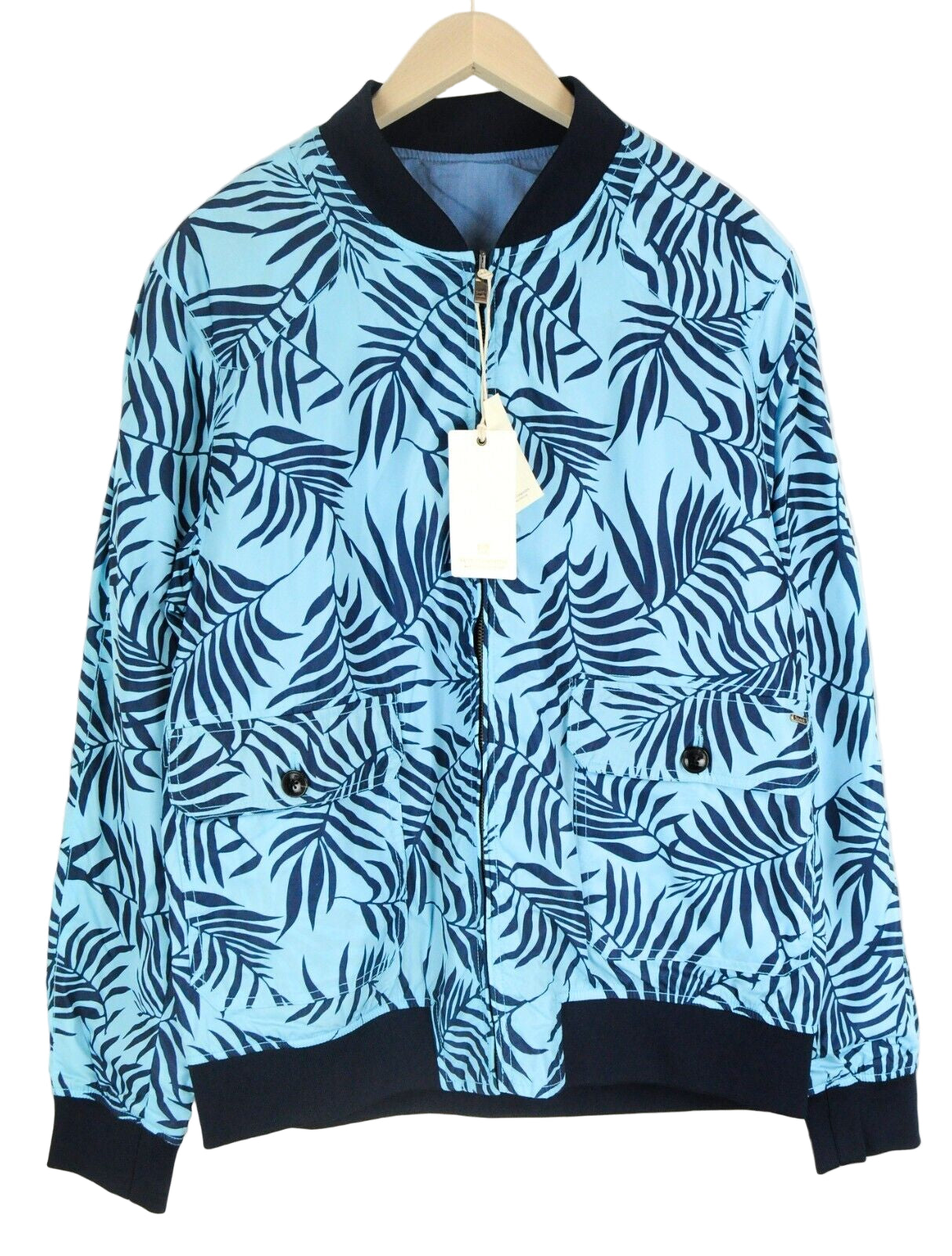 SCOTCH & SODA Men Jacket XL Linen Cotton Bomber Palm Print Light Blue