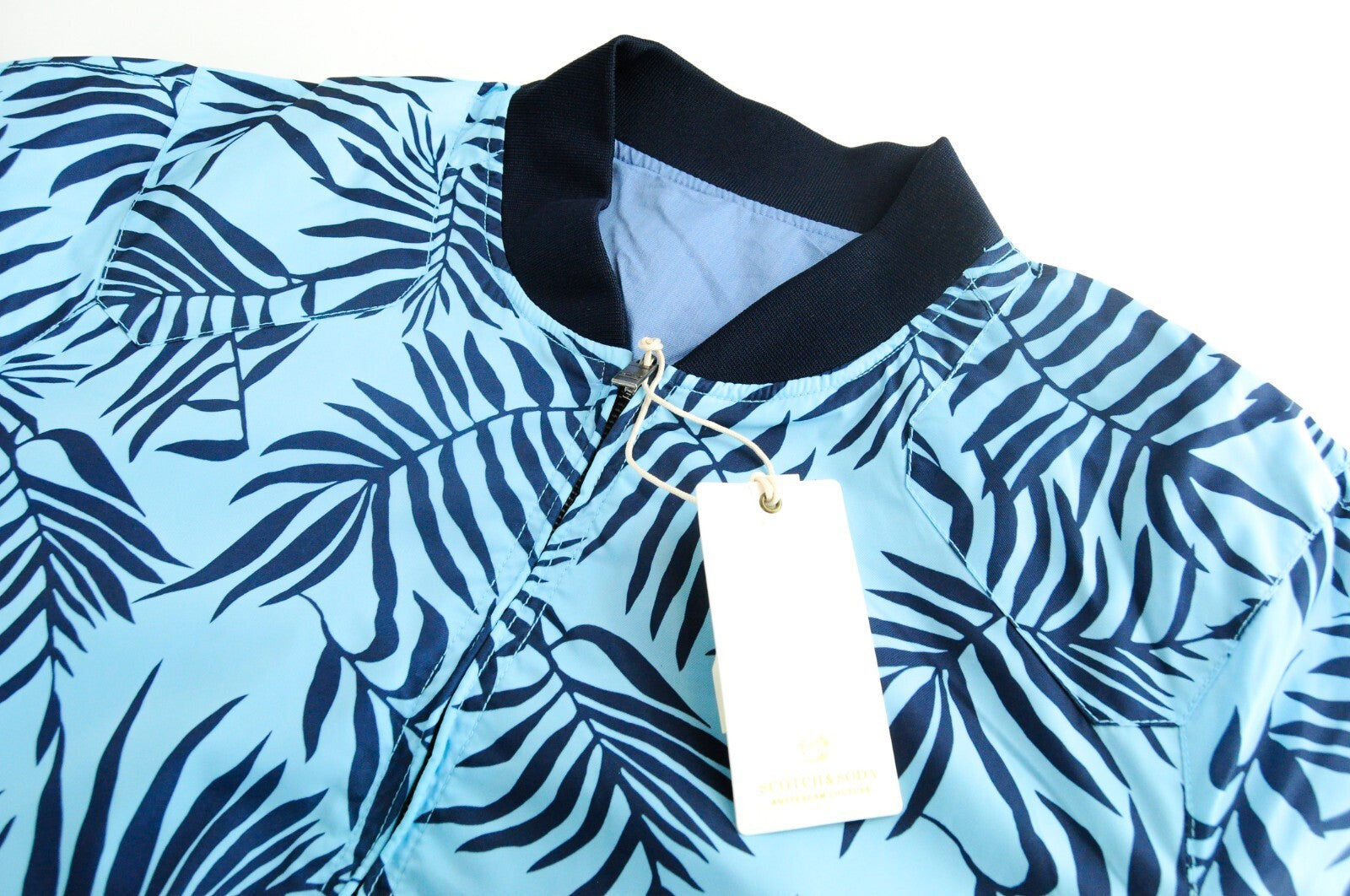 SCOTCH & SODA Men Jacket XL Linen Cotton Bomber Palm Print Light Blue